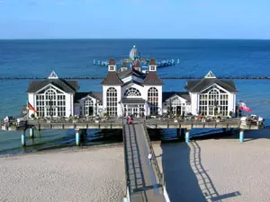 Characteristic features of seaside resort architecture, such as turrets, large expanses of windows and triangular gables, can be seen on the pier in Sellin on the island of Rügen